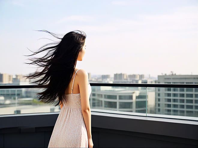 女生独自站在天台上,长发飘动,眼神迷茫