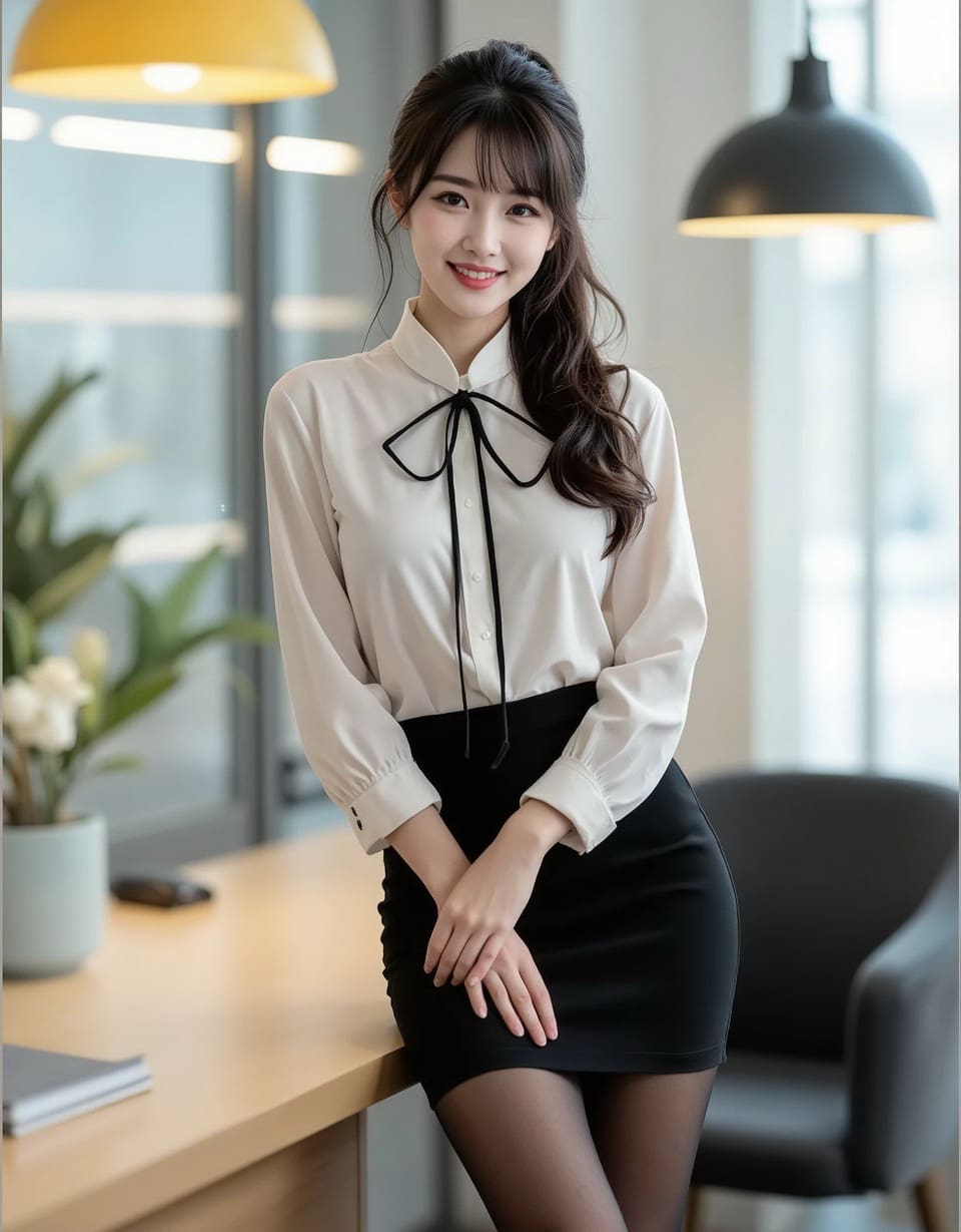 黑丝袜与衬衫搭配,展现优雅女性