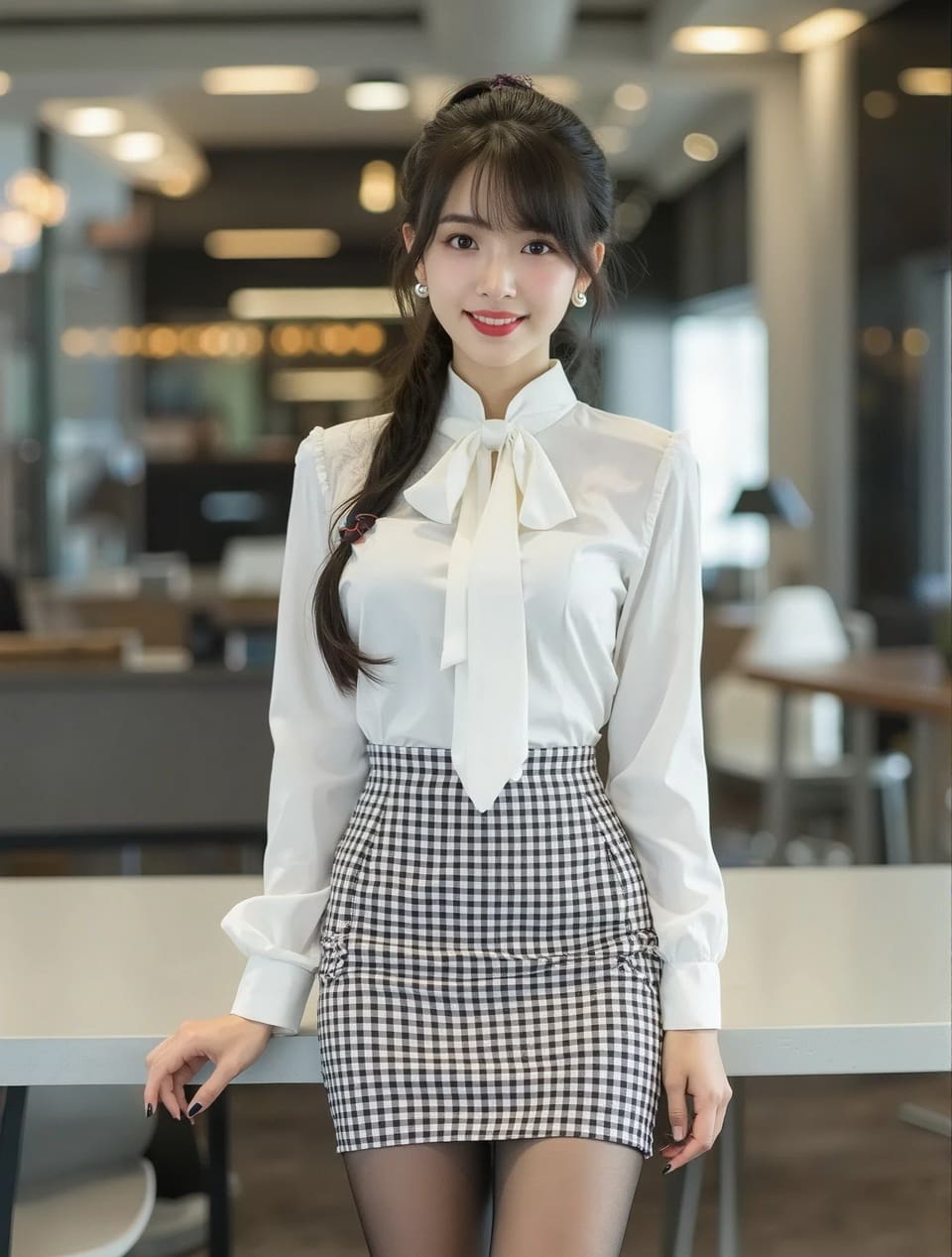 黑丝袜配大格子裙,展现时尚气质