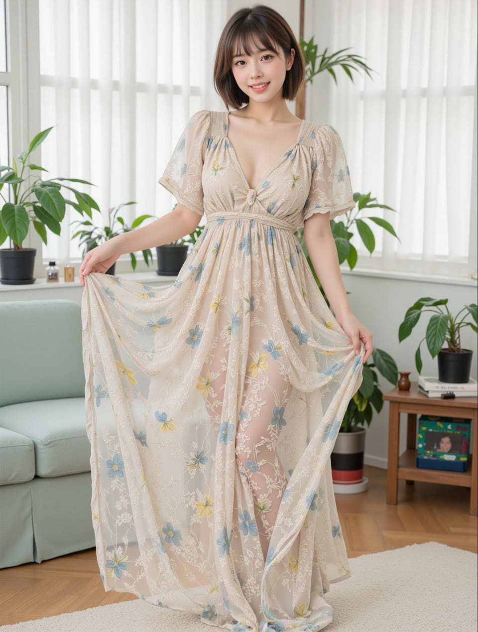 泡泡袖连衣裙 复古甜美风