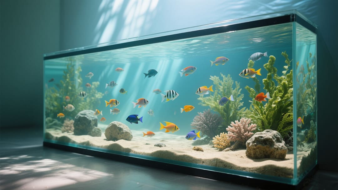 彩色鱼缸与游动的金鱼