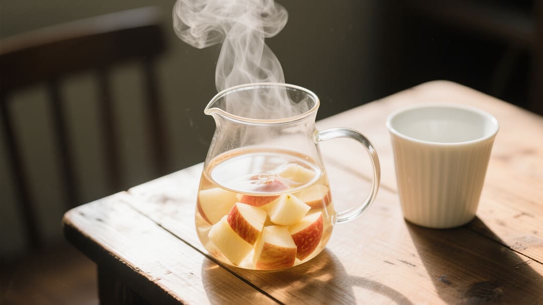 冒着热气的苹果煮水