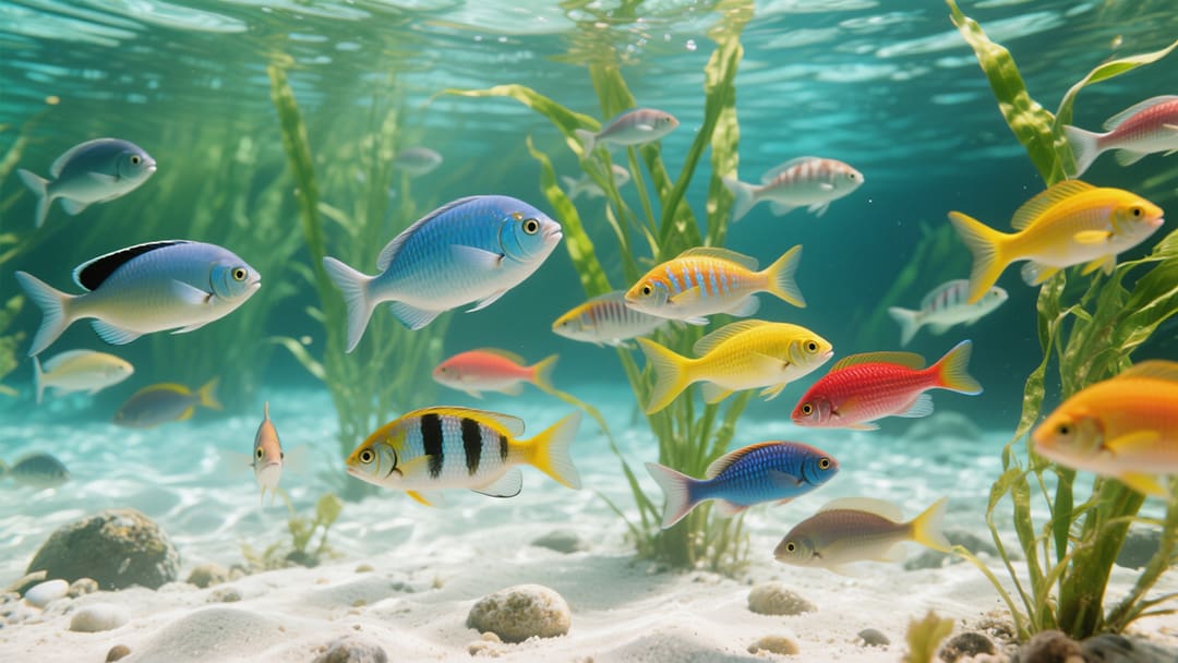彩色鱼群在水中自由游动