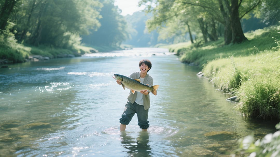 清澈溪流中抓到大鱼