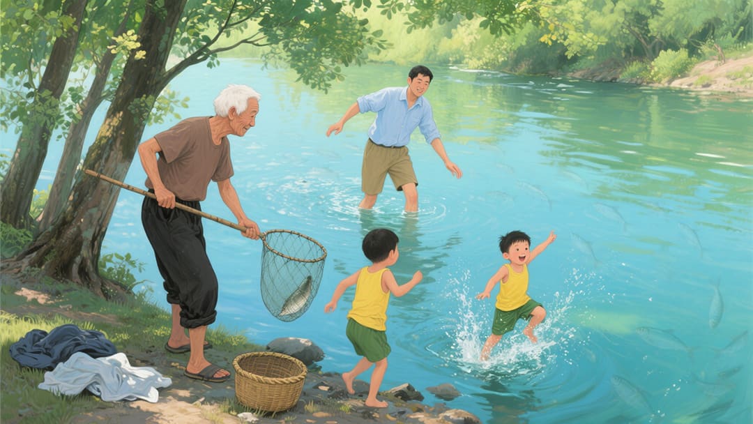 家庭和睦捕鱼欢乐场景