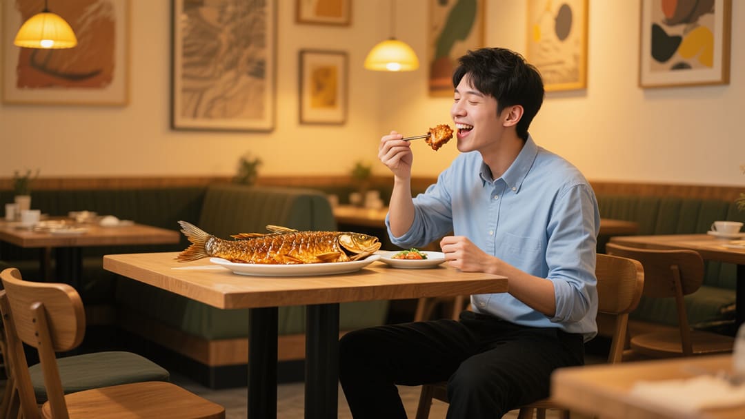 一个人开心吃鱼的梦境画面