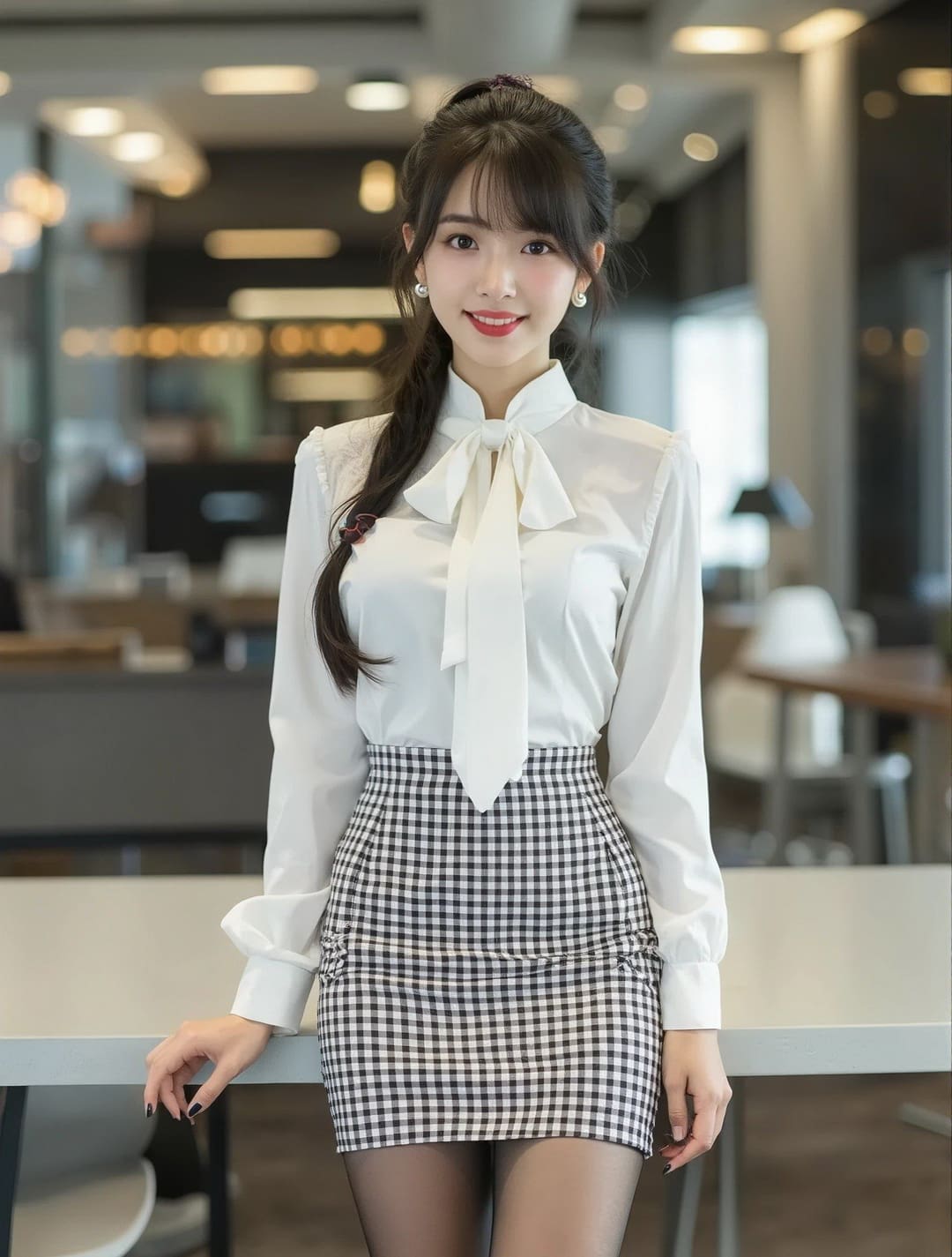 黑丝搭配格子裙酷感十足