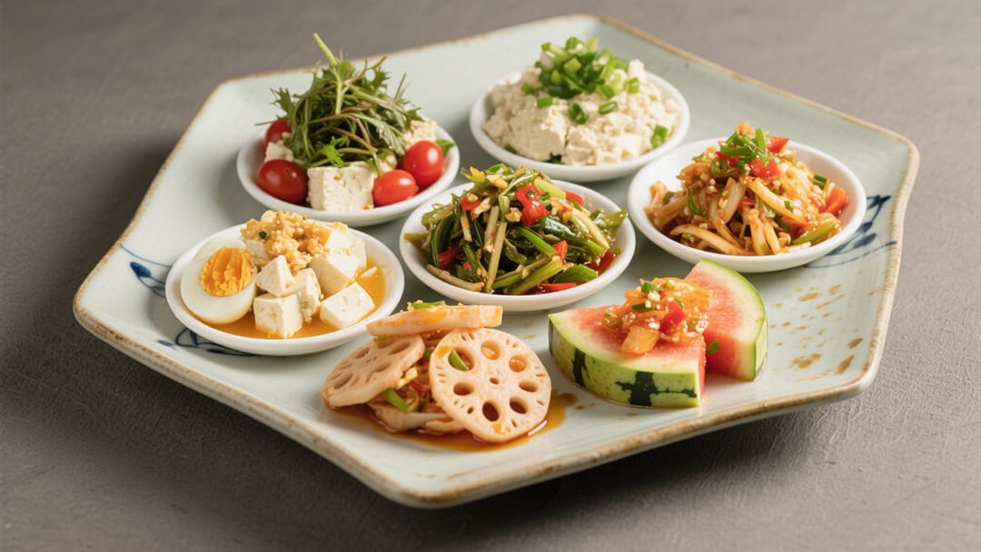 六种颜色丰富的家常凉拌菜拼盘