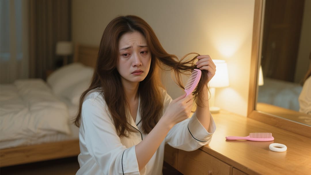 女性梳头掉发焦虑图